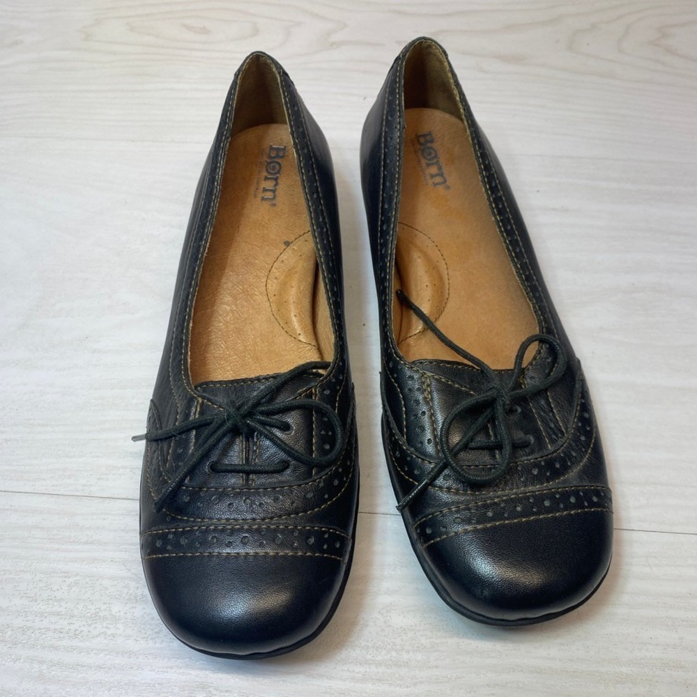 Born Womens 8 Leatherโ Flats Wingtip Brogue Black Comfort Lace Up Oxford Slip On